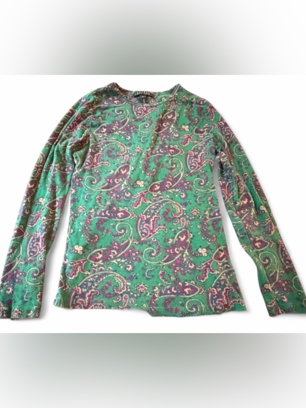 Vintage Ralph Lauren Green Multicolor Paisley 3/4 Sleeve Cotton Shirt Top Tee